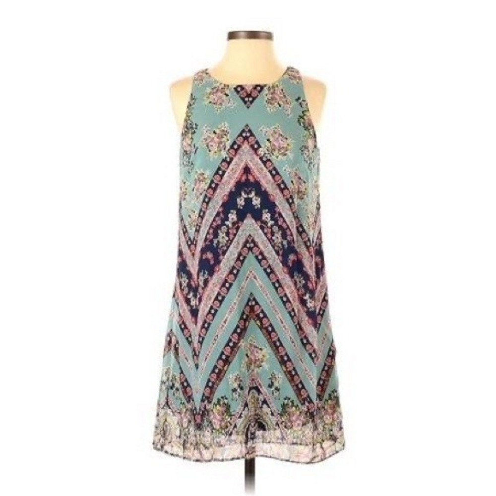 IZ Byer Womens Floral Chevron Print Sleeveless Shift Dress Aqua Blue Navy S